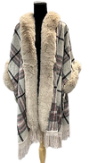 F11156-1 - Open Poncho Faux Fur w/ Sleeve - Beige