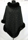 F11771-2 - Pull on Ponchow/Faux Fur Bling - Black