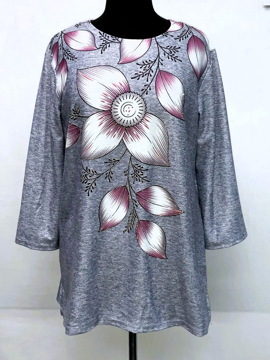 F11906-Fun Fall Top Neck Flowers - Grey