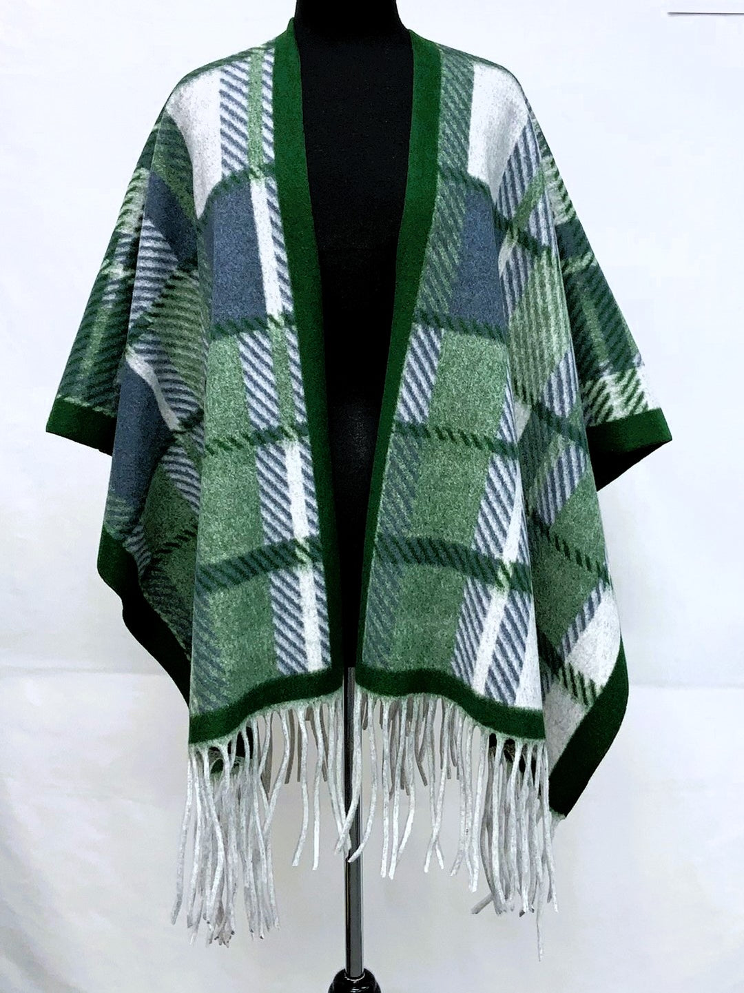 F11919-Open Poncho - Wh/Gy/Bk Checker