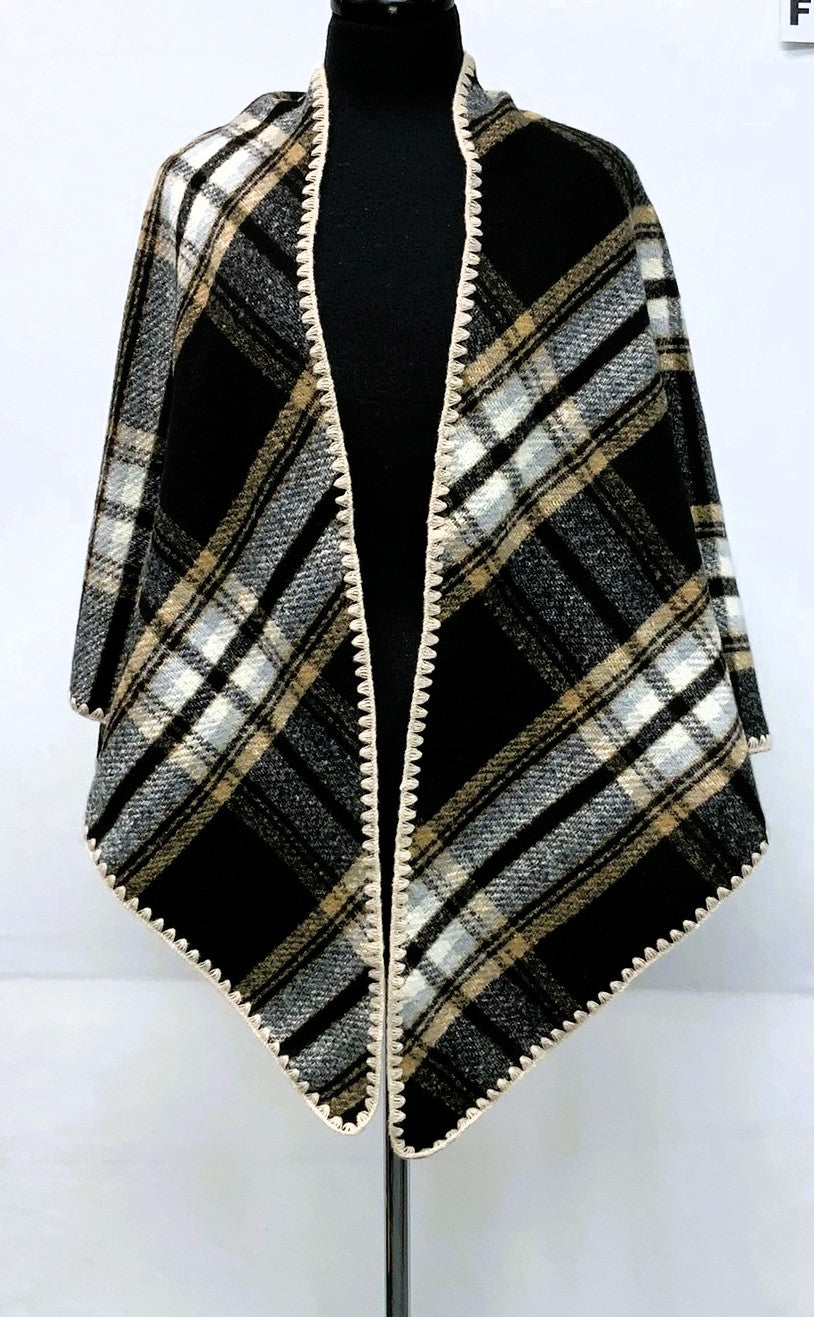 F11936-3-Open Poncho Checker - B/W