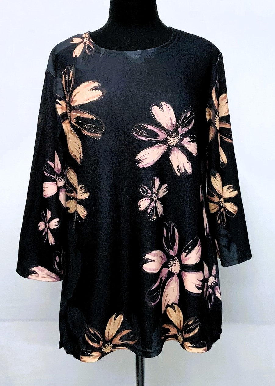 F11954-Fun Fall Top Blue Flower - Black