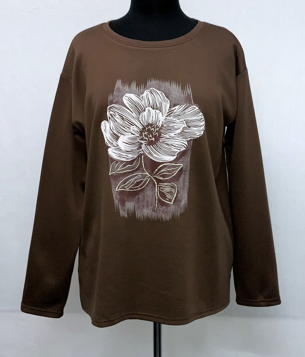 F11963-2-Fun Sweat Top Flower - Brown