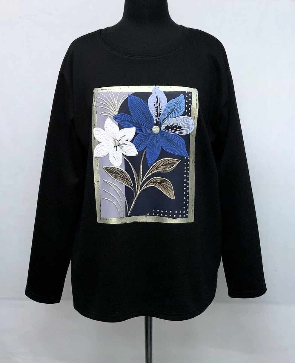 F11964-1-Fun Sweat Top Flower -  Black