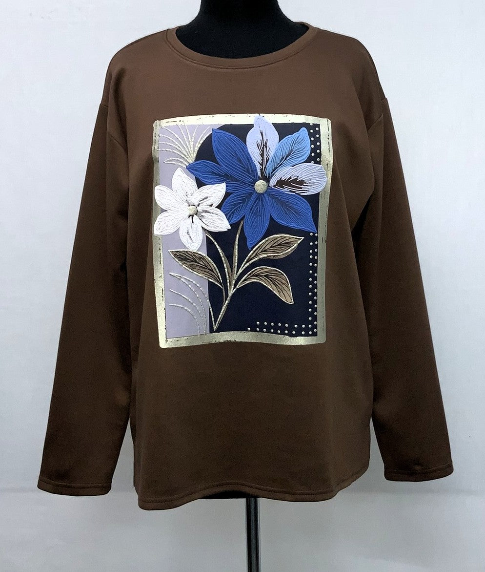F11964-2-Fun Sweat Top Flower - Brown