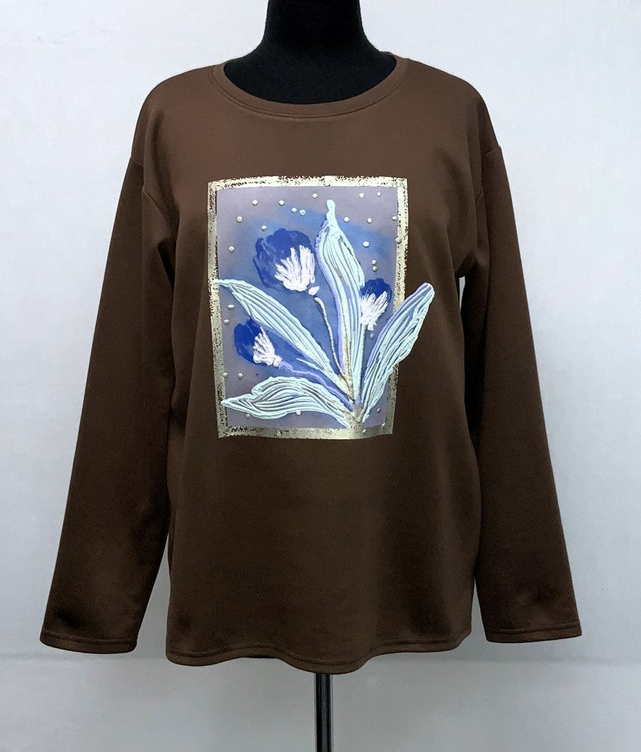 F11965-2-Fun Sweat Top Flower - Brown