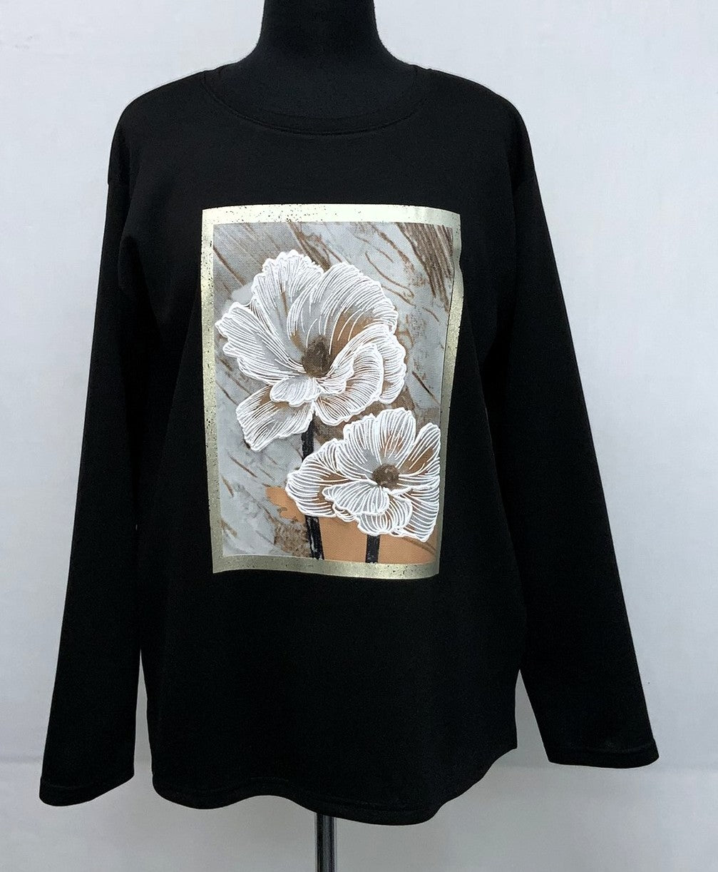 F11966-1-Fun Sweat Top Flower - Black