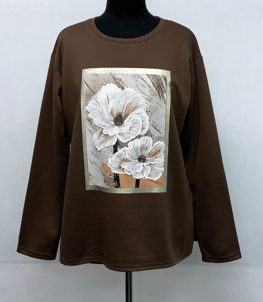 F11966-2-Fun Sweat Top Flower - Brown