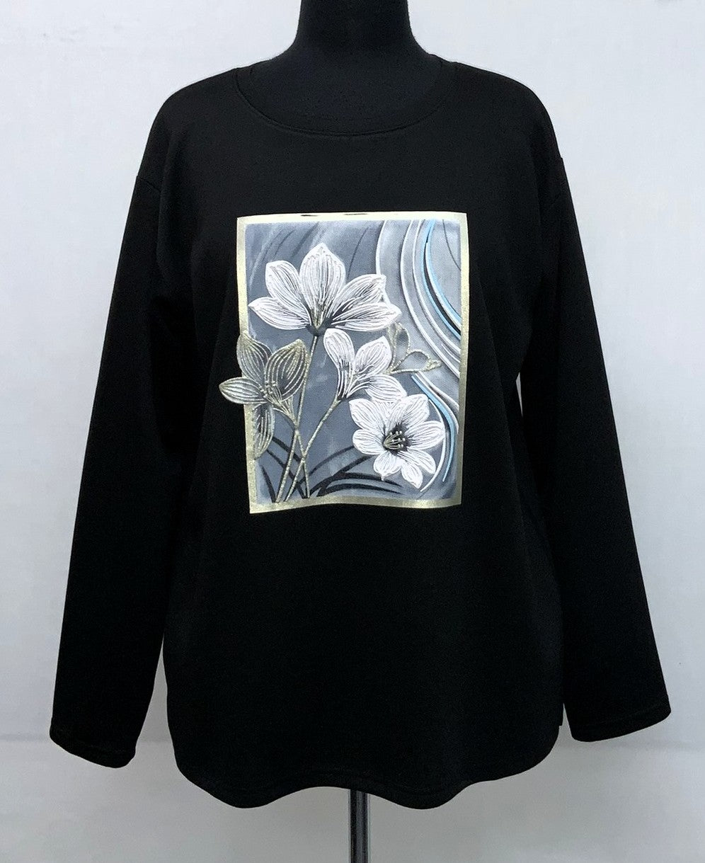 F11967-1-Fun Sweat Top Flower -  Black