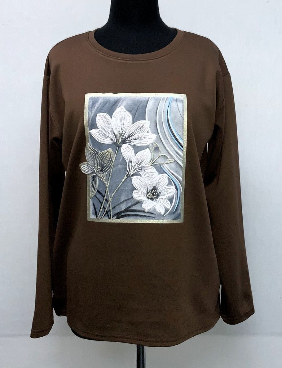 F11967-2-Fun Sweat Top Flower - Brown