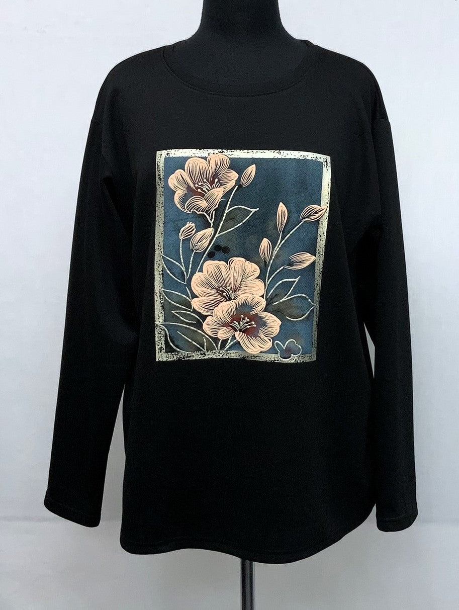F11970-1-Fun Sweat Top Flower -  BLack