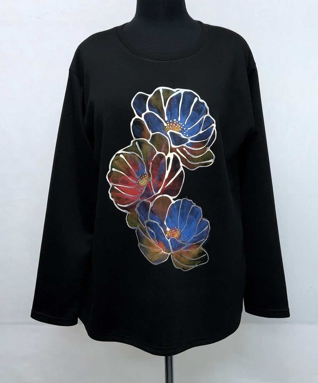 F11971-1-Fun Sweat Top Flower - Black