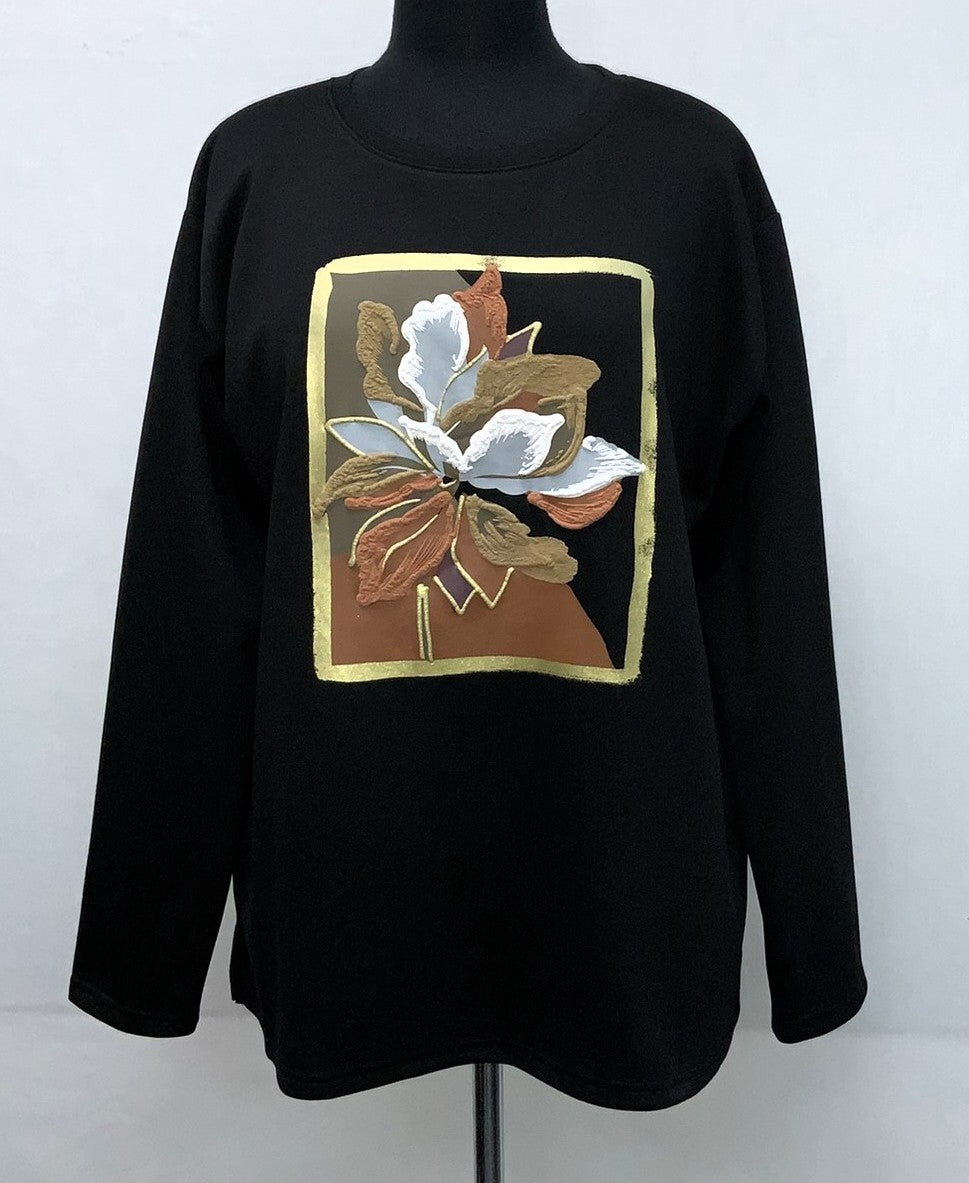 F11972-1-Fun Sweat Top Flower - Black