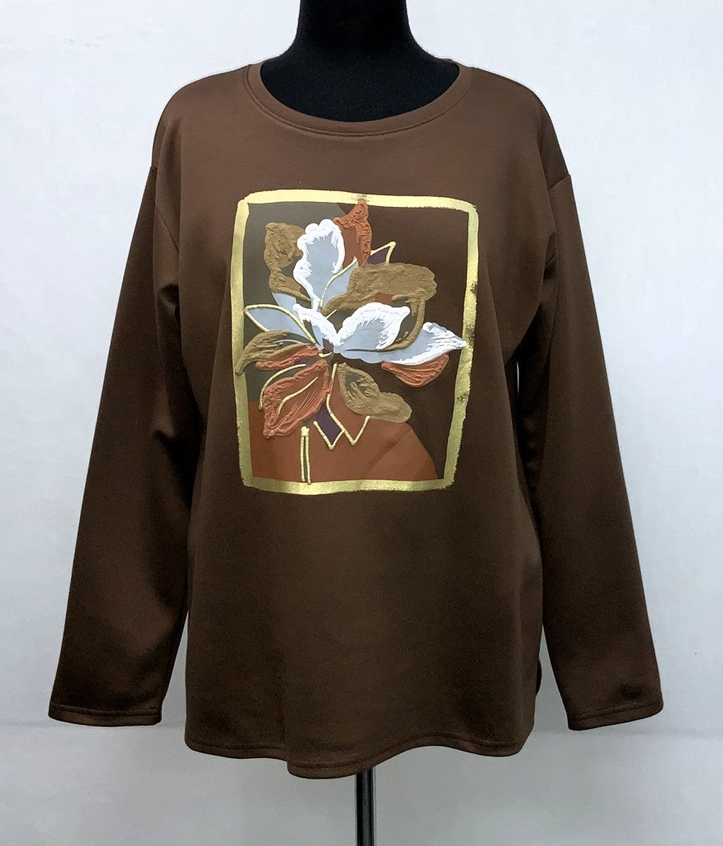 F11972-2-Fun Sweat Top Flower - Brown
