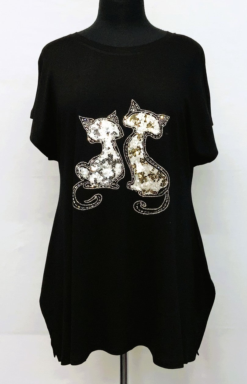 XT55TS30093-Tunic55 - 2 Cats Sequins