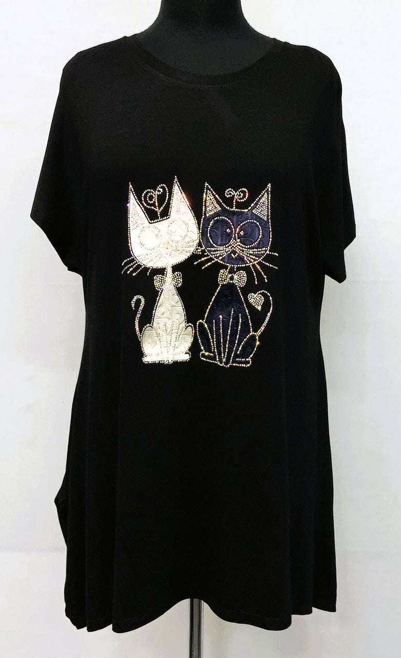XT55TS30094-Tunic55 - 2 Cats Beige & Black